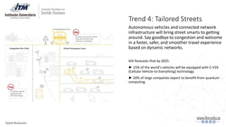 Trend 4: Tailored Streets
Autonomous vehicles and connected network
infrastructure will bring street smarts to getting
around. Say goodbye to congestion and welcome
in a faster, safer, and smoother travel experience
based on dynamic networks.
GIV forecasts that by 2025:
► 15% of the world's vehicles will be equipped with C-V2X
(Cellular Vehicle-to-Everything) technology.
► 20% of large companies expect to benefit from quantum
computing.
 