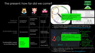 The present: how far did we come?
§
Notion of
sustainability
Sustainability-aware
sw/SE
Sustainability-aware
sw architecting/SA
DIMENSIONS
OF FOCUS
DIMENSIONS
OF TIME
HUMAN
FACTORS
ROLE OF
CONTEXT
The good The bad The mystery
TECHNOLOGY
KNOWLEDGE
SYNTHESIS
MEASURES
EDUCATION
AND TRAINING
DESIGN
DECISION
MAKING
QUALITY
ASSESSMENT
SYSTEMIC
DESIGN
TRACEABILITY
From SoTA+ industrial practices
to sustainability-aware SA
recommendations
● M. Funke and P. Lago, “Carving Sustainability into Architecture Knowledge Practice,” in
European Conference on Software Architecture (ECSA), LNCS, vol. 14212. Springer, 2023.
● Sustainable IT Lab VU-ABNAMRO: https://digitalsustainabilitycenter.nl/pages/vu-abn-lab
From SoTA+ industrial practices
to sustainability-aware SA
recommendations
● R. Dhar, K. Vaidhyanathan, and V. Varma, “Can LLMs generate architectural Design Decisions? An
exploratory empirical study,” in ICSA 2024, IEEE.
● –, (follow-up study upcoming)
● ArchBench: LLMs for Software Architecture Tasks. https://www.sabench.com
● Precision and
recall
● Resource-
efficiency
● 4,911 ADRs,
autom. metrics,
human evals
● SLMs = small
devices, in-house
From industry context
to sustainability-aware design
decisions
 