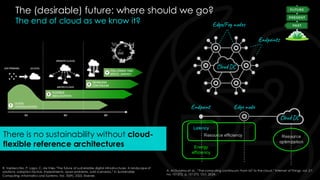 The (desirable) future: where should we go?
The end of cloud as we know it?
R. Verdecchia, P. Lago, C. de Vries,”The future of sustainable digital infrastructures: A landscape of
solutions, adoption factors, impediments, open problems, and scenarios,” in Sustainable
Computing: Informatics and Systems, Vol. 35(9), 2022, Elsevier.
A. Al-Dulaimy et al., “The computing continuum: From IoT to the cloud,” Internet of Things, vol. 27,
no. 101272, p. 101272, Oct. 2024.
Cloud DC
Edge/Fog nodes
Endpoints
There is no sustainability without cloud-
flexible reference architectures
Latency
Resource efficiency Resource
optimization
Energy
efficiency
Endpoint Edge node
Cloud DC
 