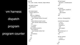 vm harness
dispatch
program
program counter
class VM
BL = [:load, :compile, :interpret] + Object.methods
def initialize *program
load(program)
end
def compile program
program.collect do |v|
case
when v.is_a?(Method)
if BL.include?(v.name)
raise "forbidden method: #{v.name}"
end
unless methods.include?(v.name)
raise "unknown method: #{v.name}"
end
v = v.unbind
v.bind(self)
when methods.include?(v)
if BL.include?(v)
raise "forbidden method: #{v}"
end
self.method(v)
else
v
end
end
end
def load program
@program = compile(program)
self
end
def interpret
catch :program_complete do
@pc = 0
read_program
end
end
def at_pc = @program[@pc]
private def read_program
r = at_pc
exit unless r
increment_pc
r.call
read_program
end
def increment_pc n = 1
@pc += n
end
def next_operand
r = at_pc
increment_pc
r
end
end
 