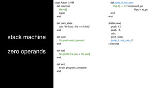 stack machine
zero operands
class Adder < VM
def interpret
@s = []
super
end
def print_state
puts "#{@pc}: @s => #{@s}"
end
def push
@s.push next_operand
end
def add
@s.push(@s.pop + @s.pop)
end
def exit
throw :program_complete
end
def jump_if_not_zero
@s[-1] == 0 ? increment_pc :
@pc = at_pc
end
end
Adder.new(
:push, 13,
:push, -1,
:add,
:print_state,
:jump_if_not_zero, 2
).interpret
 