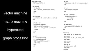 vector machine
matrix machine
hypercube
graph processor
class Adder < VM
VECTOR_LENGTH = 8
def interpret
@r = { a: 0 }
@rvx = { av: new_vector, bv: new_vector }
super
end
def print_state
puts "#{@pc}: @r => #{@r}, @rvx => #{@rvx}"
end
def load_vector
r = @rvx[next_operand]
VECTOR_LENGTH.times do |i|
break if (v = next_operand) == :vector_end
r[i] = v
end
end
def add
s = @rvx[next_operand]
d = @rvx[next_operand]
VECTOR_LENGTH.times do |i|
d[i] += s[i]
end
end
def sum
@r[next_operand] = @rvx[next_operand].sum
end
def exit
throw :program_complete
end
def jump_if_not_zero
@r[next_operand] == 0 ?
increment_pc :
@pc = at_pc
end
def new_vector
Array.new(VECTOR_LENGTH, 0)
end
end
Adder.new(
:load_vector, :av, 12, :vector_end,
:print_state,
:load_vector, :bv, -1, -2, -3, :vector_end,
:print_state,
:add, :bv, :av,
:print_state,
:sum, :a, :av,
:jump_if_not_zero, :a, 5,
:print_state
).interpret
 
