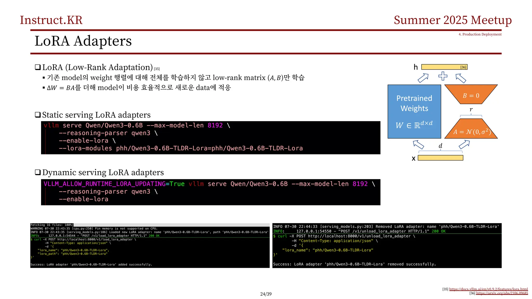 Instruct.KR Summer 2025 Meetup
LoRA Adapters
qLoRA (Low-Rank Adaptation)[35]
§ model weight low-rank matrix (𝐴, 𝐵)
§ Δ𝑊 = 𝐵𝐴 model data
qStatic serving LoRA adapters
qDynamic serving LoRA adapters
4. Production Deployment
[35] https://docs.vllm.ai/en/v0.9.2/features/lora.html
[36] https://arxiv.org/abs/2106.09685
[36]
24/39
 
