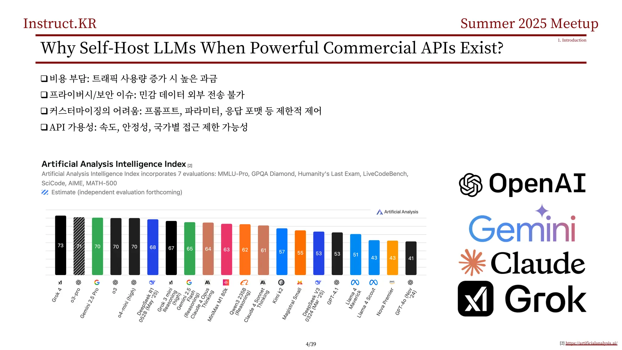 Instruct.KR Summer 2025 Meetup
Why Self-Host LLMs When Powerful Commercial APIs Exist?
q :
q / :
q : , ,
qAPI : , ,
1. Introduction
[2] https://artificialanalysis.ai/
[2]
4/39
 