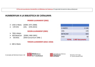 El Fons de la productora Humberfilm a la Biblioteca de Catalunya. El repte dels formats de vídeo professional
Barcelona, Sant Cugat,
27 i 28 de novembre 2025
V Jornades de Patrimoni Sonor i AV
HUMBERFILM A LA BIBLIOTECA DE CATALUNYA
PRIMER LLIURAMENT (2002)
 1356 U-Matic [SONY, 1971-2000]
 170 VHS [JVC, 1976-2015]
SEGON LLIURAMENT (2005)
 790 U-Matic
 603 BetaCam [SONY, 1982-2001]
 58 DVDs [DVD Consortium 1996- ]
TERCER LLIURAMENT (2016 i 2018)
 200 U-Matic
2.146
U-MATIC
170
VHS
603
BETACAM
58
DVD
2.987 documents
TOTAL
 