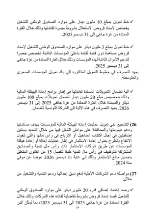 14

‫بمبلغ‬ ‫تمويل‬ ‫خط‬
10
‫للتشغيل‬ ‫الوطني‬ ‫الصندوق‬ ‫موارد‬ ‫على‬ ‫دينار‬ ‫مليون‬
‫الفترة‬ ‫خالل‬ ‫وذلك‬ ‫لفائدتها‬ ‫ميسرة‬ ‫بشروط‬ ‫االستغالل‬ ‫قروض‬ ‫إلسناد‬ ‫ص‬‫يخص‬
‫إلى‬ ‫جانفي‬ ‫غرة‬ ‫من‬ ‫الممتدة‬
31
‫ديسمبر‬
2025
.

‫خط‬
‫تمويل‬
‫ب‬
‫مبلغ‬
3
‫إلسناد‬ ‫للتشغيل‬ ‫الوطني‬ ‫الصندوق‬ ‫موارد‬ ‫على‬ ‫دينار‬ ‫مليون‬
‫حصرا‬ ‫تخصص‬ ‫الناشئة‬ ‫المؤسسات‬ ‫باعثي‬ ‫لفائدة‬ ‫فائدة‬ ‫دون‬ ‫مساهمة‬ ‫قروض‬
‫المؤسسات‬ ‫لهذه‬ ‫الذاتية‬ ‫األموال‬ ‫لتدعيم‬
‫من‬ ‫الممتدة‬ ‫الفترة‬ ‫خالل‬ ‫وذلك‬
‫جانفي‬ ‫ة‬‫غر‬
‫إلى‬
31
‫ديسمبر‬
2025
.
‫ي‬
‫عهد‬
‫خط‬ ‫في‬ ‫التصرف‬
‫وط‬
‫التمويل‬
‫المذكورة‬
‫الصغرى‬ ‫المؤسسات‬ ‫تمويل‬ ‫بنك‬ ‫إلى‬
.‫والمتوسطة‬

‫المالية‬ ‫الهيكلة‬ ‫إعادة‬ ‫برامج‬ ‫إطار‬ ‫في‬ ‫لفائدتها‬ ‫المسندة‬ ‫التمويالت‬ ‫لضمان‬ ‫آلية‬
‫مبلغ‬ ‫بتخصيص‬ ‫وذلك‬
20
‫بمبلغ‬ ‫تمويالت‬ ‫لضمان‬ ‫دينار‬ ‫مليون‬
100
‫مليون‬
‫جانفي‬ ‫غرة‬ ‫من‬ ‫الممتدة‬ ‫الفترة‬ ‫خالل‬ ‫والمسندة‬ ‫دينار‬
2025
‫إلى‬
31
‫ديسمبر‬
2026
‫يعهد‬ .
.‫للضمان‬ ‫التونسية‬ ‫الشركة‬ ‫إلى‬ ‫اآللية‬ ‫هذه‬ ‫في‬ ‫التصرف‬
26
)
‫مساندتها‬ ‫بهدف‬ ‫للمؤسسات‬ ‫المالية‬ ‫الهيكلة‬ ‫إعادة‬ ‫عمليات‬ ‫تمويل‬ ‫على‬ ‫التشجيع‬
‫بسنتين‬ ‫التمديد‬ ‫خالل‬ ‫من‬ ‫فيها‬ ‫الشغل‬ ‫مواطن‬ ‫على‬ ‫والمحافظة‬ ‫ديمومتها‬ ‫ودعم‬
‫أو‬ ‫المداخيل‬ ‫اكتتاب‬ ‫آجال‬ ‫في‬ ‫إضافيتين‬
‫تخول‬ ‫والتي‬ ‫مالها‬ ‫رأس‬ ‫في‬ ‫األرباح‬
‫هيكلة‬ ‫إعادة‬ ‫أو‬ ‫إحالة‬ ‫عمليات‬ ‫إطار‬ ‫في‬ ‫االستثمار‬ ‫إعادة‬ ‫بعنوان‬ ‫بالطرح‬ ‫االنتفاع‬
‫والصناديق‬ ‫تنمية‬ ‫مال‬ ‫رأس‬ ‫ذات‬ ‫االستثمار‬ ‫شركات‬ ‫طريق‬ ‫عن‬ ‫المؤسسات‬
‫للفصل‬ ‫طبقا‬ ‫تنمية‬ ‫مال‬ ‫رأس‬ ‫في‬ ‫للتوظيف‬ ‫المشتركة‬
15
‫المتعلق‬ ‫القانون‬ ‫من‬
‫االستثمار‬ ‫مناخ‬ ‫بتحسين‬
‫غاية‬ ‫إلى‬ ‫وذلك‬
31
‫ديسمبر‬
2026
‫موفى‬ ‫عن‬ ‫عوضا‬
‫سنة‬
2024
.
27
)
‫من‬ ‫والتشغيل‬ ‫التنمية‬ ‫ودعم‬ ‫إحداثها‬ ‫نسق‬ ‫لدفع‬ ‫األهلية‬ ‫الشركات‬ ‫دعم‬ ‫مواصلة‬
:‫خالل‬

‫رصد‬
‫إ‬
‫قدره‬ ‫إضافي‬ ‫عتماد‬
20
‫الوطني‬ ‫الصندوق‬ ‫موارد‬ ‫على‬ ‫دينار‬ ‫مليون‬
‫وذلك‬ ‫الشركات‬ ‫هذه‬ ‫لفائدة‬ ‫تفاضلية‬ ‫بشروط‬ ‫قروض‬ ‫إسناد‬ ‫قصد‬ ‫للتشغيل‬
‫خالل‬
‫جانفي‬ ‫غرة‬ ‫من‬ ‫الممتدة‬ ‫الفترة‬
2023
‫الى‬
31
‫ديسمبر‬
2025
‫مك‬ُ‫ي‬ ‫بما‬ ،
‫أكبر‬ ‫ن‬
 