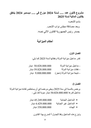 19
‫مشروع‬
‫قانون‬
‫عدد‬
.....
‫لسنة‬
2024
‫مؤرخ‬
‫ديسمبر‬ ..... ‫في‬
2024
‫يتعلق‬
‫لسنة‬ ‫المالية‬ ‫بقانون‬
2025
‫الشعب‬ ‫باسم‬
،
‫وبعد‬
.‫الشعب‬ ‫نواب‬ ‫مجلس‬ ‫مصادقة‬
‫يصدر‬
‫الجمهورية‬ ‫رئيس‬
‫ا‬
‫لقانون‬
‫نصه‬ ‫اآلتي‬
:
‫الميزانية‬ ‫أحكام‬
:‫األول‬ ‫الفصل‬
‫لسنة‬ ‫ونفقاتها‬ ‫الدولة‬ ‫ميزانية‬ ‫مداخيل‬ ‫تقدر‬
2025
:‫يلي‬ ‫كما‬
-
‫الدولة‬ ‫ميزانية‬ ‫مداخيل‬
50.028.000.000
‫دينار‬
-
‫الدولة‬ ‫ميزانية‬ ‫نفقات‬
59.828.000.000
‫دينار‬
-
)‫(عجز‬ ‫الدولة‬ ‫ميزانية‬ ‫نتيجة‬
9.800.000.000
‫دينار‬
‫الفصل‬
2
:
‫س‬ ‫إلى‬ ‫بالنسبة‬ ‫يرخص‬
‫نة‬
2025
‫الدولة‬ ‫ميزانية‬ ‫لفائدة‬ ‫يستخلص‬ ‫أن‬ ‫في‬ ‫مرخصا‬ ‫ويبقى‬
‫قدرها‬ ‫مداخيل‬
50.028.000.000
‫دينار‬
: ‫يلي‬ ‫كما‬ ‫مبوبة‬

‫الجبائية‬ ‫المداخيل‬
45.249.000.000
‫دينار‬

‫الجبائية‬ ‫غير‬ ‫المداخيل‬
4.429.000.000
‫دينار‬

‫الهبات‬
350.000.000
‫دينار‬
‫للجدول‬ ‫وفقا‬ ‫المداخيل‬ ‫هذه‬ ‫وتوزع‬
‫أ‬
‫بهذا‬ ‫المدرج‬
‫القانون‬
.
 