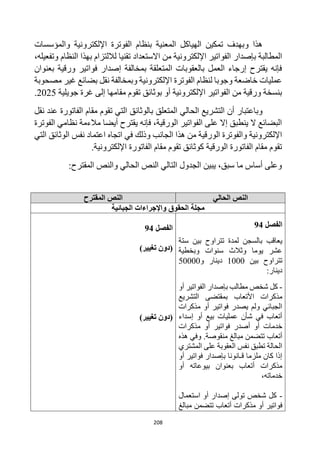 208
‫والمؤسسات‬ ‫اإللكترونية‬ ‫الفوترة‬ ‫بنظام‬ ‫المعنية‬ ‫الهياكل‬ ‫تمكين‬ ‫وبهدف‬ ‫هذا‬
‫المطالبة‬
‫بإصدار‬
،‫وتفعيله‬ ‫النظام‬ ‫بهذا‬ ‫لاللتزام‬ ‫تقنيا‬ ‫االستعداد‬ ‫من‬ ‫اإللكترونية‬ ‫الفواتير‬
‫بعنوان‬ ‫ورقية‬ ‫فواتير‬ ‫إصدار‬ ‫بمخالفة‬ ‫المتعلقة‬ ‫بالعقوبات‬ ‫العمل‬ ‫إرجاء‬ ‫يقترح‬ ‫فإنه‬
‫مصحوبة‬ ‫غير‬ ‫بضائع‬ ‫نقل‬ ‫وبمخالفة‬ ‫اإللكترونية‬ ‫الفوترة‬ ‫لنظام‬ ‫وجوبا‬ ‫خاضعة‬ ‫عمليات‬
‫اإللكتروني‬ ‫الفواتير‬ ‫من‬ ‫ورقية‬ ‫بنسخة‬
‫جويلية‬ ‫غرة‬ ‫إلى‬ ‫مقامها‬ ‫تقوم‬ ‫بوثائق‬ ‫أو‬ ‫ة‬
2025
.
‫نقل‬ ‫عند‬ ‫الفاتورة‬ ‫مقام‬ ‫تقوم‬ ‫التي‬ ‫بالوثائق‬ ‫المتعلق‬ ‫الحالي‬ ‫التشريع‬ ‫أن‬ ‫وباعتبار‬
‫الفوترة‬ ‫نظامي‬ ‫مالءمة‬ ‫أيضا‬ ‫يقترح‬ ‫فإنه‬ ،‫الورقية‬ ‫الفواتير‬ ‫على‬ ‫إال‬ ‫ينطبق‬ ‫ال‬ ‫البضائع‬
‫اتجا‬ ‫في‬ ‫وذلك‬ ‫الجانب‬ ‫هذا‬ ‫من‬ ‫الورقية‬ ‫والفوترة‬ ‫اإللكترونية‬
‫التي‬ ‫الوثائق‬ ‫نفس‬ ‫اعتماد‬ ‫ه‬
.‫اإللكترونية‬ ‫الفاتورة‬ ‫مقام‬ ‫تقوم‬ ‫كوثائق‬ ‫الورقية‬ ‫الفاتورة‬ ‫مقام‬ ‫تقوم‬
:‫المقترح‬ ‫والنص‬ ‫الحالي‬ ‫النص‬ ‫التالي‬ ‫الجدول‬ ‫يبين‬ ،‫سبق‬ ‫ما‬ ‫أساس‬ ‫وعلى‬
‫الحالي‬ ‫النص‬
‫المقترح‬ ‫النص‬
‫الجبائية‬ ‫واإلجراءات‬ ‫الحقوق‬ ‫مجلة‬
‫الفصل‬
94
‫بين‬ ‫تتراوح‬ ‫لمدة‬ ‫بالسجن‬ ‫يعاقب‬
‫ستة‬
‫وبخطية‬ ‫سنوات‬ ‫وثالث‬ ‫يوما‬ ‫عشر‬
‫بين‬ ‫تتراوح‬
1000
‫و‬ ‫دينار‬
50000
:‫دينار‬
-
‫كل‬
‫الفواتير‬ ‫بإصدار‬ ‫مطالب‬ ‫شخص‬
‫أو‬
‫األتعاب‬ ‫مذكرات‬
‫التشريع‬ ‫بمقتضى‬
‫مذكرات‬ ‫أو‬ ‫فواتير‬ ‫يصدر‬ ‫ولم‬ ‫الجبائي‬
‫إسداء‬ ‫أو‬ ‫بيع‬ ‫عمليات‬ ‫شأن‬ ‫في‬ ‫أتعاب‬
‫فواتير‬ ‫أصدر‬ ‫أو‬ ‫خدمات‬
‫مذكرات‬ ‫أو‬
‫أتعاب‬
.‫منقوصة‬ ‫مبالغ‬ ‫تتضمن‬
‫هذه‬ ‫وفي‬
‫المشتري‬ ‫على‬ ‫العقوبة‬ ‫نفس‬ ‫تطبق‬ ‫الحالة‬
‫أو‬ ‫فواتير‬ ‫بإصدار‬ ‫قـانونا‬ ‫ملزما‬ ‫كان‬ ‫إذا‬
‫أو‬ ‫بيوعاته‬ ‫بعنوان‬ ‫أتعاب‬ ‫مذكرات‬
‫خدماته‬
،
-
‫استعمال‬ ‫أو‬ ‫إصدار‬ ‫تولى‬ ‫شخص‬ ‫كل‬
‫فواتير‬
‫أتعاب‬ ‫مذكرات‬ ‫أو‬
‫مبالغ‬ ‫تتضمن‬
‫الفصل‬
94
)‫تغيير‬ ‫(دون‬
)‫تغيير‬ ‫(دون‬
 