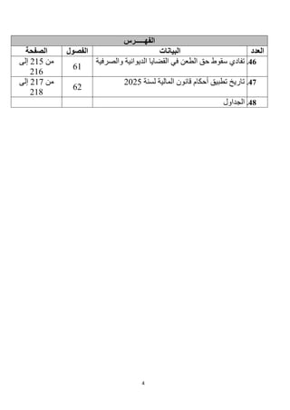 4
‫الفهـــــرس‬
‫العدد‬
‫البيانات‬
‫الفصول‬
‫الصفحة‬
46
.
‫والصرفية‬ ‫الديوانية‬ ‫القضايا‬ ‫في‬ ‫الطعن‬ ‫حق‬ ‫سقوط‬ ‫تفادي‬
61
‫من‬
215
‫إلى‬
216
47
.
‫لسنة‬ ‫المالية‬ ‫قانون‬ ‫أحكام‬ ‫تطبيق‬ ‫تاريخ‬
2025
62
‫من‬
217
‫إلى‬
218
48
.
‫الجداول‬
 