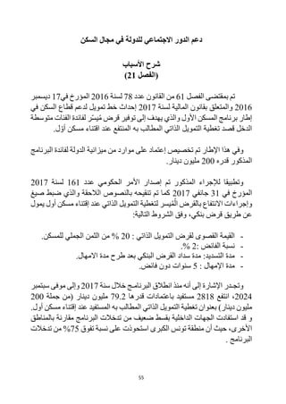 55
‫السكن‬ ‫مجال‬ ‫في‬ ‫للدولة‬ ‫االجتماعي‬ ‫الدور‬ ‫دعم‬
‫شرح‬
‫األسباب‬
‫(الفصل‬
21
)
‫الفصل‬ ‫بمقتضى‬ ‫تم‬
61
‫عدد‬ ‫القانون‬ ‫من‬
78
‫لسنة‬
2016
‫في‬ ‫المؤرخ‬
17
‫ديسمبر‬
2016
‫و‬
‫لسن‬ ‫المالية‬ ‫بقانون‬ ‫المتعلق‬
‫ة‬
7
201
‫إحداث‬
‫في‬ ‫السكن‬ ‫قطاع‬ ‫لدعم‬ ‫تمويل‬ ‫خط‬
‫متوسطة‬ ‫الفئات‬ ‫لفائدة‬ ‫ر‬‫يس‬ُ‫م‬ ‫قرض‬ ‫توفير‬ ‫إلى‬ ‫يهدف‬ ‫والذي‬ ‫األول‬ ‫المسكن‬ ‫برنامج‬ ‫إطار‬
‫المنتفع‬ ‫به‬ ‫المطالب‬ ‫الذاتي‬ ‫التمويل‬ ‫تغطية‬ ‫قصد‬ ‫الدخل‬
.‫ل‬‫أو‬ ‫مسكن‬ ‫اقتناء‬ ‫عند‬
‫و‬
‫اإلطار‬ ‫هذا‬ ‫في‬
‫تخصيص‬ ‫تم‬
‫إ‬
‫موارد‬ ‫على‬ ‫عتماد‬
‫الدولة‬ ‫ميزانية‬ ‫من‬
‫البرنامج‬ ‫لفائدة‬
‫ا‬
‫لمذكور‬
‫قدره‬
200
.‫دينار‬ ‫مليون‬
‫الحكومي‬ ‫األمر‬ ‫إصدار‬ ‫تم‬ ‫المذكور‬ ‫لإلجراء‬ ‫وتطبيقا‬
‫عدد‬
161
‫لسنة‬
2017
‫في‬ ‫المؤرخ‬
31
‫جانفي‬
2017
‫والذي‬ ‫الالحقة‬ ‫بالنصوص‬ ‫تنقيحه‬ ‫تم‬ ‫كما‬
‫ضبط‬
‫صيغ‬
‫وإجراءات‬
‫االنتفاع‬
‫الذاتي‬ ‫التمويل‬ ‫لتغطية‬ ‫يسر‬ُ‫م‬ُ‫ل‬‫ا‬ ‫بالقرض‬
‫عند‬
‫إ‬
‫أول‬ ‫مسكن‬ ‫قتناء‬
‫يمول‬
‫طريق‬ ‫عن‬
‫بنكي‬ ‫قرض‬
،
:‫التالية‬ ‫الشروط‬ ‫وفق‬
-
: ‫الذاتي‬ ‫التمويل‬ ‫لقرض‬ ‫القصوى‬ ‫القيمة‬
20
‫من‬ %
‫ال‬
‫ثمن‬
‫الجملي‬
‫لل‬
.‫مسكن‬
-
: ‫الفائض‬ ‫نسبة‬
2
%
.
-
.‫االمهال‬ ‫مدة‬ ‫طرح‬ ‫بعد‬ ‫البنكي‬ ‫القرض‬ ‫سداد‬ ‫مدة‬ :‫التسديد‬ ‫مدة‬
-
: ‫اإلمهال‬ ‫مدة‬
5
.‫فائض‬ ‫دون‬ ‫سنوات‬
‫البرنامـج‬ ‫انطالق‬ ‫منذ‬ ‫أنه‬ ‫إلى‬ ‫اإلشارة‬ ‫وتجـدر‬
‫خالل‬
‫سنة‬
2017
‫موفى‬ ‫وإلى‬
‫سبتمبر‬
2024
‫انتفع‬ ،
2818
‫قدرها‬ ‫باعتمادات‬ ‫مستفيد‬
79.2
‫مليون‬
‫دينار‬
‫جملة‬ ‫(من‬
200
‫مليون‬
)‫دينار‬
‫عند‬ ‫المستفيد‬ ‫به‬ ‫المطالب‬ ‫الذاتي‬ ‫التمويل‬ ‫تغطية‬ ‫بعنوان‬
‫إ‬
.‫أول‬ ‫مسكن‬ ‫قتناء‬
‫قد‬ ‫و‬
‫بالمناطق‬ ‫مقارنة‬ ‫البرنامج‬ ‫تدخالت‬ ‫من‬ ‫ضعيف‬ ‫بقسط‬ ‫الداخلية‬ ‫الجهات‬ ‫استفادت‬
‫األخ‬
‫رى‬
،
‫الكبرى‬ ‫تونس‬ ‫منطقة‬ ‫أن‬ ‫حيث‬
‫ا‬
‫ستحوذ‬
‫ت‬
‫تفوق‬ ‫نسبة‬ ‫على‬
%75
‫تدخالت‬ ‫من‬
‫البرنامج‬
.
 