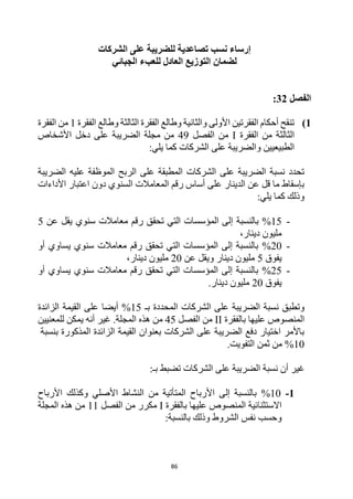 86
‫إرساء‬
‫الشركات‬ ‫على‬ ‫للضريبة‬ ‫تصاعدية‬ ‫نسب‬
‫الجبائي‬ ‫للعبء‬ ‫العادل‬ ‫التوزيع‬ ‫لضمان‬
‫الفصل‬
32
:
1
)
‫الفقرة‬ ‫وطالع‬ ‫الثالثة‬ ‫الفقرة‬ ‫وطالع‬ ‫والثانية‬ ‫األولى‬ ‫الفقرتين‬ ‫أحكام‬ ‫تنقح‬
1
‫الفقرة‬ ‫من‬
‫الفقرة‬ ‫من‬ ‫الثالثة‬
I
‫الفصل‬ ‫من‬
49
‫األشخاص‬ ‫دخل‬ ‫على‬ ‫الضريبة‬ ‫مجلة‬ ‫من‬
:‫يلي‬ ‫كما‬ ‫الشركات‬ ‫على‬ ‫والضريبة‬ ‫الطبيعيين‬
‫الضريبة‬ ‫عليه‬ ‫الموظفة‬ ‫الربح‬ ‫على‬ ‫المطبقة‬ ‫الشركات‬ ‫على‬ ‫الضريبة‬ ‫نسبة‬ ‫تحدد‬
‫األداءات‬ ‫اعتبار‬ ‫دون‬ ‫السنوي‬ ‫المعامالت‬ ‫رقم‬ ‫أساس‬ ‫على‬ ‫الدينار‬ ‫عن‬ ‫قل‬ ‫ما‬ ‫بإسقاط‬
:‫يلي‬ ‫كما‬ ‫وذلك‬
-
15
%
‫بالنسبة‬
‫عن‬ ‫يقل‬ ‫سنوي‬ ‫معامالت‬ ‫رقم‬ ‫تحقق‬ ‫التي‬ ‫المؤسسات‬ ‫إلى‬
5
،‫دينار‬ ‫مليون‬
-
20
%
‫أو‬ ‫يساوي‬ ‫سنوي‬ ‫معامالت‬ ‫رقم‬ ‫تحقق‬ ‫التي‬ ‫المؤسسات‬ ‫إلى‬ ‫بالنسبة‬
‫يفوق‬
5
‫عن‬ ‫ويقل‬ ‫دينار‬ ‫مليون‬
20
،‫دينار‬ ‫مليون‬
-
25
%
‫أو‬ ‫يساوي‬ ‫سنوي‬ ‫معامالت‬ ‫رقم‬ ‫تحقق‬ ‫التي‬ ‫المؤسسات‬ ‫إلى‬ ‫بالنسبة‬
‫يفوق‬
20
.‫دينار‬ ‫مليون‬
‫ن‬ ‫وتطبق‬
‫بـ‬ ‫المحددة‬ ‫الشركات‬ ‫على‬ ‫الضريبة‬ ‫سبة‬
15
%
‫الزائدة‬ ‫القيمة‬ ‫على‬ ‫أيضا‬
‫بالفقرة‬ ‫عليها‬ ‫المنصوص‬
II
‫الفصل‬ ‫من‬
45
‫للمعنيين‬ ‫يمكن‬ ‫أنه‬ ‫غير‬ .‫المجلة‬ ‫هذه‬ ‫من‬
‫بنسبة‬ ‫المذكورة‬ ‫الزائدة‬ ‫القيمة‬ ‫بعنوان‬ ‫الشركات‬ ‫على‬ ‫الضريبة‬ ‫دفع‬ ‫اختيار‬ ‫باألمر‬
10
%
.‫التفويت‬ ‫ثمن‬ ‫من‬
‫على‬ ‫الضريبة‬ ‫نسبة‬ ‫أن‬ ‫غير‬
:‫بـ‬ ‫تضبط‬ ‫الشركات‬
1
-
10
%
‫األرباح‬ ‫وكذلك‬ ‫األصلي‬ ‫النشاط‬ ‫من‬ ‫المتأتية‬ ‫األرباح‬ ‫إلى‬ ‫بالنسبة‬
‫بالفقرة‬ ‫عليها‬ ‫المنصوص‬ ‫االستثنائية‬
I
‫الفصل‬ ‫من‬ ‫مكرر‬
11
‫المجلة‬ ‫هذه‬ ‫من‬
:‫بالنسبة‬ ‫وذلك‬ ‫الشروط‬ ‫نفس‬ ‫وحسب‬
 