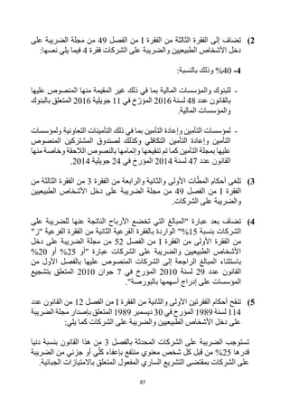 87
2
)
‫ت‬
‫الفقرة‬ ‫من‬ ‫الثالثة‬ ‫الفقرة‬ ‫إلى‬ ‫ضاف‬
I
‫الفصل‬ ‫من‬
49
‫على‬ ‫الضريبة‬ ‫مجلة‬ ‫من‬
‫فقرة‬ ‫الشركات‬ ‫على‬ ‫والضريبة‬ ‫الطبيعيين‬ ‫األشخاص‬ ‫دخل‬
4
:‫نصها‬ ‫يلي‬ ‫فيما‬
4
-
40
%
:‫بالنسبة‬ ‫وذلك‬
-
‫والمؤسسات‬ ‫للبنوك‬
‫المالية‬
‫منها‬ ‫المقيمة‬ ‫غير‬ ‫ذلك‬ ‫في‬ ‫بما‬
‫عليها‬ ‫المنصوص‬
‫عدد‬ ‫بالقانون‬
48
‫لسنة‬
2016
‫في‬ ‫خ‬‫المؤر‬
11
‫جويلية‬
2016
‫بالبنوك‬ ‫المتعلق‬
‫والمؤسسات‬
.‫المالية‬
-
‫التعاونية‬ ‫التأمينات‬ ‫ذلك‬ ‫في‬ ‫بما‬ ‫التأمين‬ ‫وإعادة‬ ‫التأمين‬ ‫لمؤسسات‬
‫ولمؤسسات‬
‫المنصوص‬ ‫المشتركين‬ ‫لصندوق‬ ‫وكذلك‬ ‫التكافلي‬ ‫التأمين‬ ‫وإعادة‬ ‫التأمين‬
‫منها‬ ‫وخاصة‬ ‫الالحقة‬ ‫بالنصوص‬ ‫وإتمامها‬ ‫تنقيحها‬ ‫تم‬ ‫كما‬ ‫التأمين‬ ‫بمجلة‬ ‫عليها‬
‫عدد‬ ‫القانون‬
47
‫لسنة‬
2014
‫المؤرخ‬
‫في‬
24
‫جويلية‬
2014
.
3
)
‫ت‬
‫والثانية‬ ‫األولى‬ ‫ات‬‫المط‬ ‫أحكام‬ ‫لغى‬
‫الفقرة‬ ‫من‬ ‫والرابعة‬
3
‫من‬ ‫الثالثة‬ ‫الفقرة‬ ‫من‬
‫الفقرة‬
I
‫الفصل‬ ‫من‬
49
‫الطبيعيين‬ ‫األشخاص‬ ‫دخل‬ ‫على‬ ‫الضريبة‬ ‫مجلة‬ ‫من‬
.‫الشركات‬ ‫على‬ ‫والضريبة‬
4
)
" ‫عبارة‬ ‫بعد‬ ‫تضاف‬
‫المبالغ‬
‫على‬ ‫للضريبة‬ ‫عنها‬ ‫الناتجة‬ ‫األرباح‬ ‫تخضع‬ ‫التي‬
‫بنسبة‬ ‫الشركات‬
15
%
‫ب‬ ‫الواردة‬ "
"‫"ز‬ ‫الفرعية‬ ‫الفقرة‬ ‫من‬ ‫الثانية‬ ‫الفرعية‬ ‫الفقرة‬
‫من‬ ‫األولى‬ ‫الفقرة‬ ‫من‬
‫الفقرة‬
I
‫الفصل‬ ‫من‬
52
‫دخل‬ ‫على‬ ‫الضريبة‬ ‫مجلة‬ ‫من‬
‫الشركات‬ ‫على‬ ‫والضريبة‬ ‫الطبيعيين‬ ‫األشخاص‬
" ‫عبارة‬
‫أو‬
25
%
‫أو‬
20
%
‫باستثناء‬
‫بالفصل‬ ‫عليها‬ ‫المنصوص‬ ‫الشركات‬ ‫إلى‬ ‫الراجعة‬ ‫المبالغ‬
‫من‬ ‫األول‬
‫عدد‬ ‫القانون‬
29
‫لسنة‬
2010
‫في‬ ‫المؤرخ‬
7
‫جوان‬
2010
‫بتشجيع‬ ‫المتعلق‬
‫بالبورصة‬ ‫أسهمها‬ ‫إدراج‬ ‫على‬ ‫المؤسسات‬
"
.
5
)
‫الفقرة‬ ‫من‬ ‫والثانية‬ ‫األولى‬ ‫الفقرتين‬ ‫أحكام‬ ‫تنقح‬
I
‫الفصل‬ ‫من‬
12
‫عدد‬ ‫القانون‬ ‫من‬
114
‫لسنة‬
1989
‫في‬ ‫المؤرخ‬
30
‫ديسمبر‬
1989
‫مجلة‬ ‫بإصدار‬ ‫المتعلق‬
‫الضريبة‬
:‫يلي‬ ‫كما‬ ‫الشركات‬ ‫على‬ ‫والضريبة‬ ‫الطبيعيين‬ ‫األشخاص‬ ‫دخل‬ ‫على‬
‫بالفصل‬ ‫المحدثة‬ ‫الشركات‬ ‫على‬ ‫الضريبة‬ ‫تستوجب‬
3
‫دنيا‬ ‫بنسبة‬ ‫القانون‬ ‫هذا‬ ‫من‬
‫قدرها‬
25
%
‫من‬ ‫جزئي‬ ‫أو‬ ‫ي‬‫كل‬ ‫بإعفاء‬ ‫منتفع‬ ‫معنوي‬ ‫شخص‬ ‫كل‬ ‫قبل‬ ‫من‬
‫الضريبة‬
‫باالمتيازات‬ ‫المتعلق‬ ‫المفعول‬ ‫الساري‬ ‫التشريع‬ ‫بمقتضى‬ ‫الشركات‬ ‫على‬
.‫الجبائية‬
 
