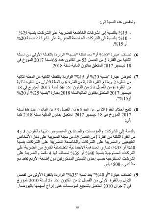 88
‫النسبة‬ ‫هذه‬ ‫وتخفض‬
:‫إلى‬
-
15
%
‫بنسبة‬ ‫الشركات‬ ‫على‬ ‫للضريبة‬ ‫الخاضعة‬ ‫الشركات‬ ‫إلى‬ ‫بالنسبة‬
25
%
.
-
10
%
‫بنسبة‬ ‫الشركات‬ ‫على‬ ‫للضريبة‬ ‫الخاضعة‬ ‫الشركات‬ ‫إلى‬ ‫بالنسبة‬
20
%
‫أو‬
15
%
.
6
)
" ‫عبارة‬ ‫تضاف‬
40
%
‫المطة‬ ‫من‬ ‫األولى‬ ‫بالنقطة‬ ‫الواردة‬ "‫"بنسبة‬ ‫لفظة‬ ‫بعد‬ "‫أو‬
‫الفقرة‬ ‫من‬ ‫الثانية‬
2
‫الفصل‬ ‫من‬
53
‫عدد‬ ‫القانون‬ ‫من‬
66
‫لسنة‬
2017
‫في‬ ‫المؤرخ‬
18
‫ديسمبر‬
2017
‫لسنة‬ ‫المالية‬ ‫بقانون‬ ‫المتعلق‬
2018
.
7
)
‫تعوض‬
‫"بنسبة‬ ‫عبارة‬
20
%
‫أو‬
15
%
"
‫الثانية‬ ‫المطة‬ ‫من‬ ‫الثانية‬ ‫بالنقطة‬ ‫الواردة‬
‫الفقرة‬ ‫من‬
2
‫الفقرة‬ ‫من‬ ‫الثانية‬ ‫الفقرة‬ ‫وبطالع‬
6
‫األولى‬ ‫وبالمطة‬
‫من‬
‫الثانية‬ ‫الفقرة‬
‫من‬
‫الفقرة‬
6
‫الفصل‬ ‫من‬
53
‫عدد‬ ‫القانون‬ ‫من‬
66
‫لسنة‬
2017
‫في‬ ‫المؤرخ‬
18
‫ديسمبر‬
2017
‫لسنة‬ ‫المالية‬ ‫بقانون‬ ‫المتعلق‬
2018
‫"بنسبة‬ ‫بعبارة‬
25
%
‫أو‬
20
%
‫أ‬
‫و‬
15
%
."
8
)
‫األولى‬ ‫الفقرة‬ ‫أحكام‬ ‫تنقح‬
‫الفقرة‬ ‫من‬
6
‫الفصل‬ ‫من‬
53
‫عدد‬ ‫القانون‬ ‫من‬
66
‫لسنة‬
2017
‫في‬ ‫المؤرخ‬
18
‫ديسمبر‬
2017
‫لسنة‬ ‫المالية‬ ‫بقانون‬ ‫المتعلق‬
2018
‫كما‬
:‫يلي‬
‫بالفقر‬ ‫عليها‬ ‫المنصوص‬ ‫والصناديق‬ ‫والمؤسسات‬ ‫الشركات‬ ‫إلى‬ ‫بالنسبة‬
‫تين‬
3
‫و‬
4
‫الثالثة‬ ‫الفقرة‬ ‫من‬
‫الفقرة‬ ‫من‬
I
‫الفصل‬ ‫من‬
49
‫األشخاص‬ ‫دخل‬ ‫على‬ ‫الضريبة‬ ‫مجلة‬ ‫من‬
‫والخاضعة‬ ‫الشركات‬ ‫على‬ ‫والضريبة‬ ‫الطبيعيين‬
‫للضريبة‬
‫بنسبة‬ ‫الشركات‬ ‫على‬
40
%
‫أو‬
35
‫على‬ ‫الضريبة‬ ‫بين‬ ‫الفارق‬ ‫التضامنية‬ ‫االجتماعية‬ ‫المساهمة‬ ‫تساوي‬ ،%
‫بنسبة‬ ‫المستوجبة‬ ‫الشركات‬
40
%
‫أو‬
35
‫لها‬ ‫تضاف‬ %
4
‫على‬ ‫والضريبة‬ ‫نقاط‬
‫الم‬ ‫الشركات‬
‫حسب‬ ‫ستوجبة‬
‫المذكورتين‬ ‫النسبتين‬ ‫إحدى‬
‫مع‬ ‫نقاط‬ ‫األربع‬ ‫إضافة‬ ‫دون‬
‫بـ‬ ‫أدنى‬ ‫حد‬
500
.‫دينار‬
9
)
‫"أو‬ ‫عبارة‬ ‫تضاف‬
40
%
‫بعد‬ "
‫نسبة‬
"
35
%
‫الفصل‬ ‫من‬ ‫األولى‬ ‫بالفقرة‬ ‫الواردة‬ "
‫الفصل‬ ‫من‬ ‫األولى‬ ‫وبالفقرة‬ ‫األول‬
2
‫ال‬ ‫من‬
‫عدد‬ ‫قانون‬
29
‫لسنة‬
2010
‫المؤرخ‬
‫في‬
7
‫جوان‬
2010
‫بتشجيع‬ ‫المتعلق‬
.‫بالبورصة‬ ‫أسهمها‬ ‫إدراج‬ ‫على‬ ‫المؤسسات‬
 
