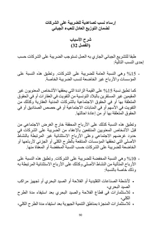 90
‫إرساء‬
‫الشركات‬ ‫على‬ ‫للضريبة‬ ‫تصاعدية‬ ‫نسب‬
‫للعبء‬ ‫العادل‬ ‫التوزيع‬ ‫لضمان‬
‫الجبائي‬
‫األسباب‬ ‫شرح‬
‫(الفصل‬
32
)
‫حسب‬ ‫الشركات‬ ‫على‬ ‫الضريبة‬ ‫تستوجب‬ ‫العمل‬ ‫به‬ ‫الجاري‬ ‫الجبائي‬ ‫للتشريع‬ ‫طبقا‬
:‫التالية‬ ‫النسب‬ ‫إحدى‬
-
15
%
‫ال‬ ‫النسبة‬ ‫وهي‬
.‫الشركات‬ ‫على‬ ‫للضريبة‬ ‫عامة‬
‫على‬ ‫النسبة‬ ‫هذه‬ ‫وتطبق‬
.‫الخاصة‬ ‫الضريبة‬ ‫لنسب‬ ‫الخاضعة‬ ‫غير‬ ‫واألرباح‬ ‫المؤسسات‬
‫نسبة‬ ‫تطبق‬ ‫كما‬
15
%
‫غير‬ ‫المعنويون‬ ‫األشخاص‬ ‫يحققها‬ ‫التي‬ ‫الزائدة‬ ‫القيمة‬ ‫على‬
‫الحقوق‬ ‫في‬ ‫أو‬ ‫العقارات‬ ‫في‬ ‫التفويت‬ ‫من‬ ‫التونسية‬ ‫بالبالد‬ ‫المستقرين‬ ‫غير‬ ‫المقيمين‬
‫من‬ ‫وكذلك‬ ‫العقارية‬ ‫المدنية‬ ‫بالشركات‬ ‫االجتماعية‬ ‫الحقوق‬ ‫في‬ ‫أو‬ ‫بها‬ ‫المتعلقة‬
‫حصص‬ ‫في‬ ‫أو‬ ‫االجتماعية‬ ‫المنابات‬ ‫في‬ ‫أو‬ ‫األسهم‬ ‫في‬ ‫التفويت‬
‫في‬ ‫أو‬ ‫الصناديق‬
.‫احالتها‬ ‫إعادة‬ ‫من‬ ‫أو‬ ‫بها‬ ‫المتعلقة‬ ‫الحقوق‬
‫األرباح‬ ‫على‬ ‫كذلك‬ ‫النسبة‬ ‫هذه‬ ‫وتطبق‬
‫المحققة‬
‫من‬ ‫االجتماعي‬ ‫الغرض‬ ‫خارج‬
‫في‬ ‫الشركات‬ ‫على‬ ‫الضريبة‬ ‫من‬ ‫باإلعفاء‬ ‫المنتفعين‬ ‫المعنويين‬ ‫األشخاص‬ ‫قبل‬
‫بالنشاط‬ ‫المرتبطة‬ ‫غير‬ ‫االستثنائية‬ ‫األرباح‬ ‫وعلى‬ ‫االجتماعي‬ ‫غرضهم‬ ‫حدود‬
‫أو‬ ‫ألرباحها‬ ‫الجزئي‬ ‫أو‬ ‫الكلي‬ ‫بالطرح‬ ‫المنتفعة‬ ‫المؤسسات‬ ‫تحققها‬ ‫التي‬ ‫األصلي‬
.‫منها‬ ‫المعفاة‬ ‫أو‬ ‫المخفضة‬ ‫النسبة‬ ‫حسب‬ ‫الشركات‬ ‫على‬ ‫للضريبة‬ ‫الخاضعة‬
-
10
%
‫ال‬ ‫وهي‬
‫المخفضة‬ ‫نسبة‬
‫على‬ ‫النسبة‬ ‫هذه‬ ‫وتطبق‬ .‫الشركات‬ ‫على‬ ‫للضريبة‬
‫ا‬ ‫األرباح‬ ‫على‬ ‫وكذلك‬ ‫األصلي‬ ‫النشاط‬ ‫من‬ ‫المتأتية‬ ‫األرباح‬
‫به‬ ‫المرتبطة‬ ‫الستثنائية‬
:‫بالنسبة‬ ‫خاصة‬ ‫وذلك‬

‫مراكب‬ ‫تجهيز‬ ‫أو‬ ‫البحري‬ ‫الصيد‬ ‫أو‬ ‫الفالحة‬ ‫أو‬ ‫التقليدية‬ ‫الصناعات‬ ‫ألنشطة‬
،‫البحري‬ ‫الصيد‬

‫الطرح‬ ‫مدة‬ ‫استيفاء‬ ‫بعد‬ ‫البحري‬ ‫والصيد‬ ‫الفالحة‬ ‫قطاع‬ ‫في‬ ‫لالستثمارات‬
،‫الكلي‬

‫ا‬ ‫مدة‬ ‫استيفاء‬ ‫بعد‬ ‫الجهوية‬ ‫التنمية‬ ‫بمناطق‬ ‫المنجزة‬ ‫لالستثمارات‬
،‫الكلي‬ ‫لطرح‬
 