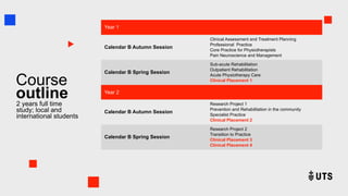 Year 1
Calendar B Autumn Session
Clinical Assessment and Treatment Planning
Professional Practice
Core Practice for Physiotherapists
Pain Neuroscience and Management
Calendar B Spring Session
Sub-acute Rehabilitation
Outpatient Rehabilitation
Acute Physiotherapy Care
Clinical Placement 1
Year 2
Calendar B Autumn Session
Research Project 1
Prevention and Rehabilitation in the community
Specialist Practice
Clinical Placement 2
Calendar B Spring Session
Research Project 2
Transition to Practice
Clinical Placement 3
Clinical Placement 4
Course
outline
2 years full time
study; local and
international students
 