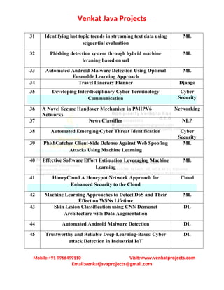 Venkat Java Projects
31 Identifying hot topic trends in streaming text data using
sequential evaluation
ML
32 Phishing detection system through hybrid machine
leraning based on url
ML
33 Automated Android Malware Detection Using Optimal
Ensemble Learning Approach
ML
34 Travel Itinerary Planner Django
35 Developing Interdisciplinary Cyber Terminology
Communication
Cyber
Security
36 A Novel Secure Handover Mechanism in PMIPV6
Networks
Networking
37 News Classifier NLP
38 Automated Emerging Cyber Threat Identification Cyber
Security
39 PhishCatcher Client-Side Defense Against Web Spoofing
Attacks Using Machine Learning
ML
40 Effective Software Effort Estimation Leveraging Machine
Learning
ML
41 HoneyCloud A Honeypot Network Approach for
Enhanced Security to the Cloud
Cloud
42 Machine Learning Approaches to Detect DoS and Their
Effect on WSNs Lifetime
ML
43 Skin Lesion Classification using CNN Densenet
Architecture with Data Augmentation
DL
44 Automated Android Malware Detection DL
45 Trustworthy and Reliable Deep-Learning-Based Cyber
attack Detection in Industrial IoT
DL
Mobile:+91 9966499110 Visit:www.venkatprojects.com
Email:venkatjavaprojects@gmail.com
 