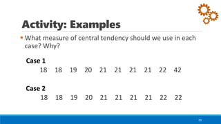 Activity: Examples
▪ What measure of central tendency should we use in each
case? Why?
23
18 18 19 20 21 21 21 21 22 42
18 18 19 20 21 21 21 21 22 22
Case 1
Case 2
 