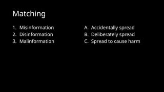 Matching
A. Accidentally spread
B. Deliberately spread
C. Spread to cause harm
1. Misinformation
2. Disinformation
3. Malinformation
 