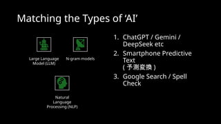 Matching the Types of ‘AI’
Large Language
Model (LLM)
N-gram models
Natural
Language
Processing (NLP)
1. ChatGPT / Gemini /
DeepSeek etc
2. Smartphone Predictive
Text
( 予測変換 )
3. Google Search / Spell
Check
 