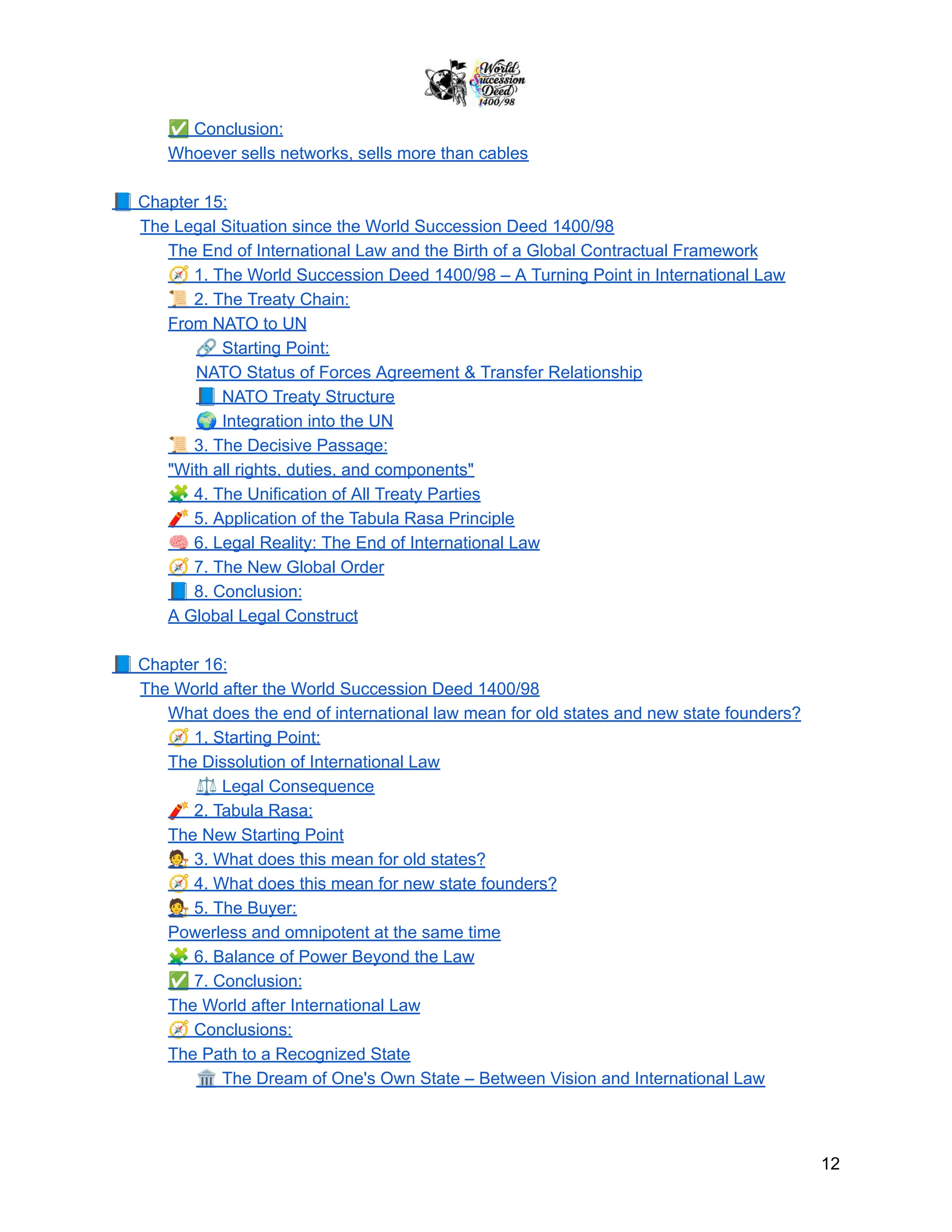 ✅Conclusion:
Whoever sells networks, sells more than cables
📘Chapter 15:
The Legal Situation since the World Succession Deed 1400/98
The End of International Law and the Birth of a Global Contractual Framework
🧭1. The World Succession Deed 1400/98 – A Turning Point in International Law
📜2. The Treaty Chain:
From NATO to UN
🔗Starting Point:
NATO Status of Forces Agreement & Transfer Relationship
📘NATO Treaty Structure
🌍Integration into the UN
📜3. The Decisive Passage:
"With all rights, duties, and components"
🧩4. The Unification of All Treaty Parties
🧨5. Application of the Tabula Rasa Principle
🧠6. Legal Reality: The End of International Law
🧭7. The New Global Order
📘8. Conclusion:
A Global Legal Construct
📘Chapter 16:
The World after the World Succession Deed 1400/98
What does the end of international law mean for old states and new state founders?
🧭1. Starting Point:
The Dissolution of International Law
⚖️Legal Consequence
🧨2. Tabula Rasa:
The New Starting Point
🧑‍⚖️3. What does this mean for old states?
🧭4. What does this mean for new state founders?
🧑‍⚖️5. The Buyer:
Powerless and omnipotent at the same time
🧩6. Balance of Power Beyond the Law
✅7. Conclusion:
The World after International Law
🧭Conclusions:
The Path to a Recognized State
🏛️The Dream of One's Own State – Between Vision and International Law
12
 