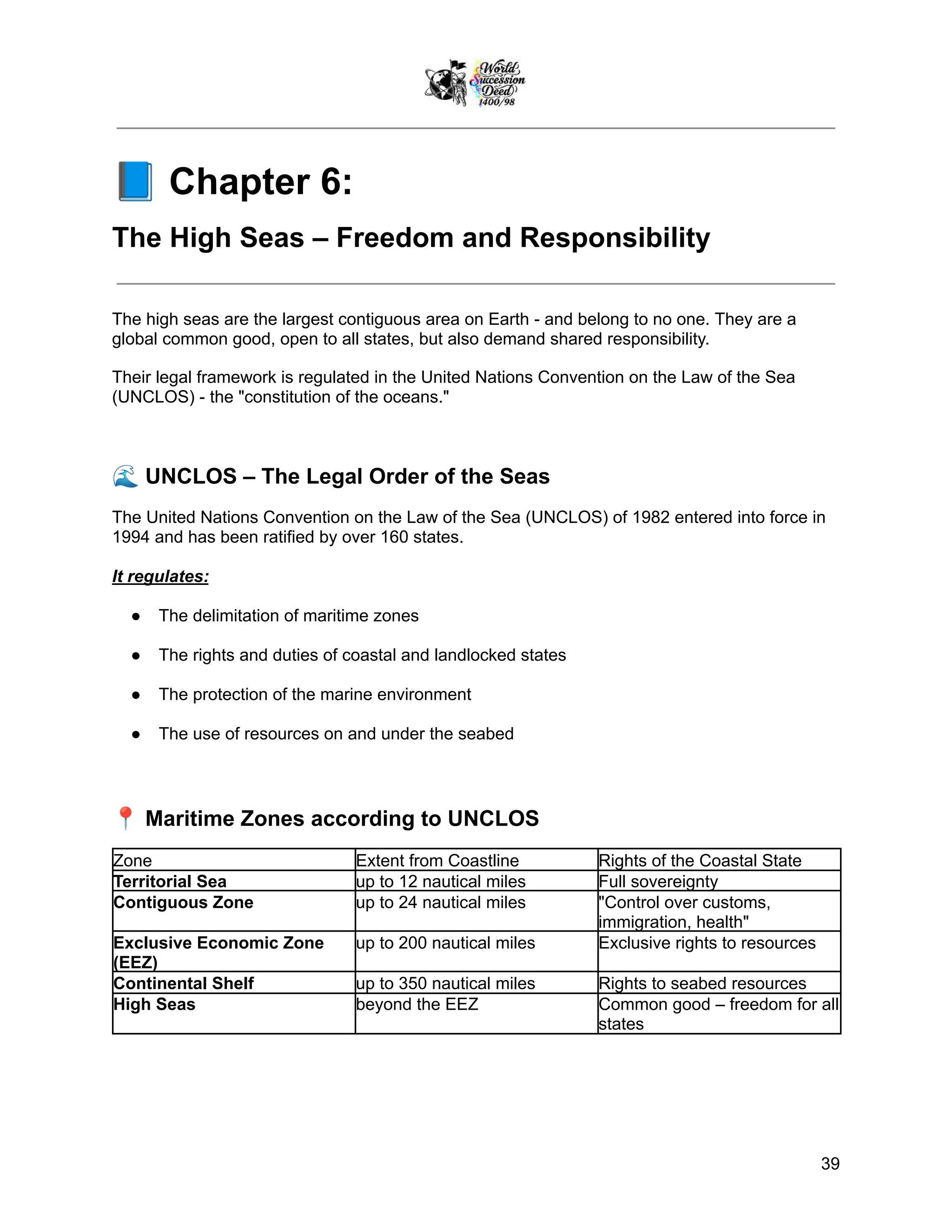 📘Chapter 6:
The High Seas – Freedom and Responsibility
The high seas are the largest contiguous area on Earth - and belong to no one. They are a
global common good, open to all states, but also demand shared responsibility.
Their legal framework is regulated in the United Nations Convention on the Law of the Sea
(UNCLOS) - the "constitution of the oceans."
🌊UNCLOS – The Legal Order of the Seas
The United Nations Convention on the Law of the Sea (UNCLOS) of 1982 entered into force in
1994 and has been ratified by over 160 states.
It regulates:
●​ The delimitation of maritime zones
●​ The rights and duties of coastal and landlocked states
●​ The protection of the marine environment
●​ The use of resources on and under the seabed
📍Maritime Zones according to UNCLOS
Zone Extent from Coastline Rights of the Coastal State
Territorial Sea up to 12 nautical miles Full sovereignty
Contiguous Zone up to 24 nautical miles "Control over customs,
immigration, health"
Exclusive Economic Zone
(EEZ)
up to 200 nautical miles Exclusive rights to resources
Continental Shelf up to 350 nautical miles Rights to seabed resources
High Seas beyond the EEZ Common good – freedom for all
states
39
 