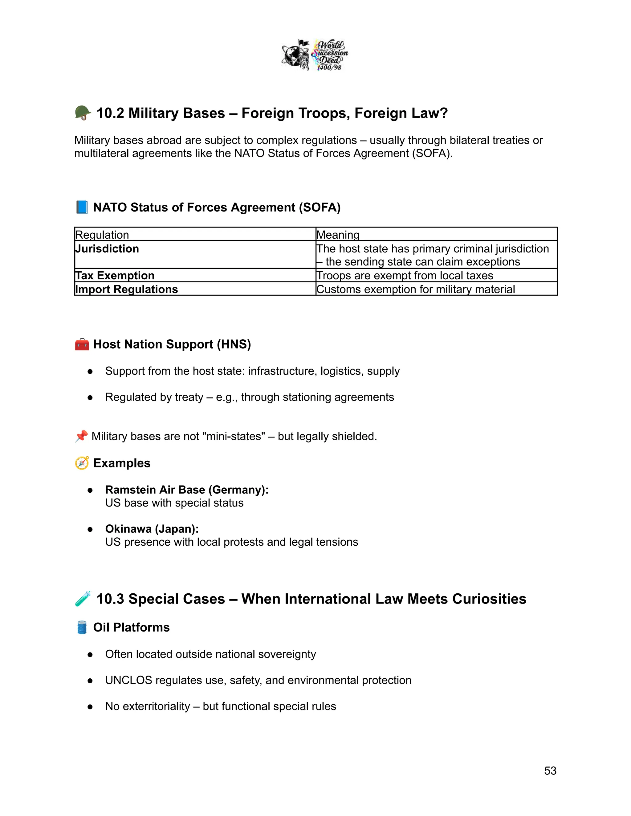 🪖10.2 Military Bases – Foreign Troops, Foreign Law?
Military bases abroad are subject to complex regulations – usually through bilateral treaties or
multilateral agreements like the NATO Status of Forces Agreement (SOFA).
📘NATO Status of Forces Agreement (SOFA)
Regulation Meaning
Jurisdiction The host state has primary criminal jurisdiction
– the sending state can claim exceptions
Tax Exemption Troops are exempt from local taxes
Import Regulations Customs exemption for military material
🧰Host Nation Support (HNS)
●​ Support from the host state: infrastructure, logistics, supply
●​ Regulated by treaty – e.g., through stationing agreements
📌Military bases are not "mini-states" – but legally shielded.
🧭Examples
●​ Ramstein Air Base (Germany):
US base with special status
●​ Okinawa (Japan):
US presence with local protests and legal tensions
🧪10.3 Special Cases – When International Law Meets Curiosities
🛢️Oil Platforms
●​ Often located outside national sovereignty
●​ UNCLOS regulates use, safety, and environmental protection
●​ No exterritoriality – but functional special rules
53
 
