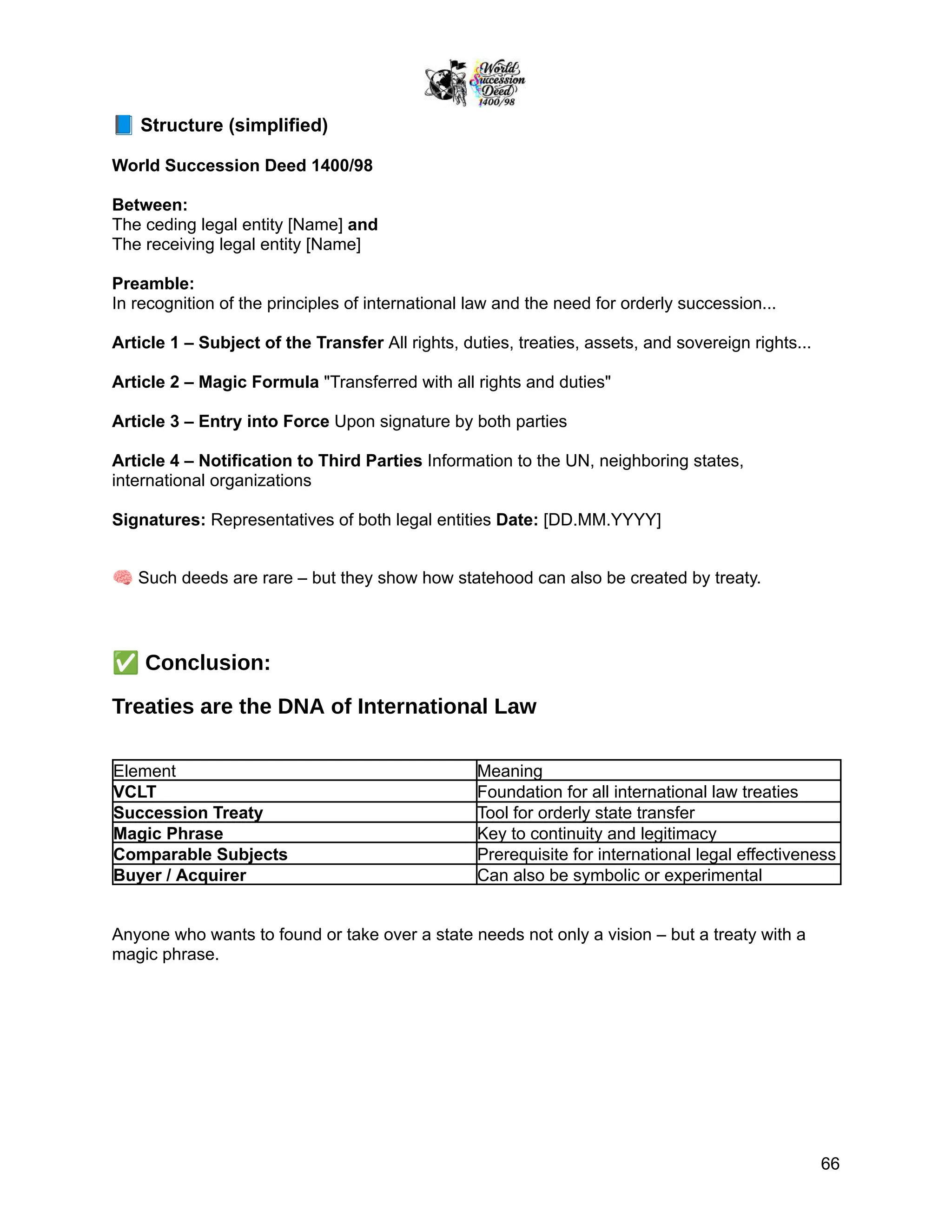 📘Structure (simplified)
World Succession Deed 1400/98
Between:
The ceding legal entity [Name] and
The receiving legal entity [Name]
Preamble:
In recognition of the principles of international law and the need for orderly succession...
Article 1 – Subject of the Transfer All rights, duties, treaties, assets, and sovereign rights...
Article 2 – Magic Formula "Transferred with all rights and duties"
Article 3 – Entry into Force Upon signature by both parties
Article 4 – Notification to Third Parties Information to the UN, neighboring states,
international organizations
Signatures: Representatives of both legal entities Date: [DD.MM.YYYY]
🧠Such deeds are rare – but they show how statehood can also be created by treaty.
✅Conclusion:
Treaties are the DNA of International Law
Element Meaning
VCLT Foundation for all international law treaties
Succession Treaty Tool for orderly state transfer
Magic Phrase Key to continuity and legitimacy
Comparable Subjects Prerequisite for international legal effectiveness
Buyer / Acquirer Can also be symbolic or experimental
Anyone who wants to found or take over a state needs not only a vision – but a treaty with a
magic phrase.
66
 