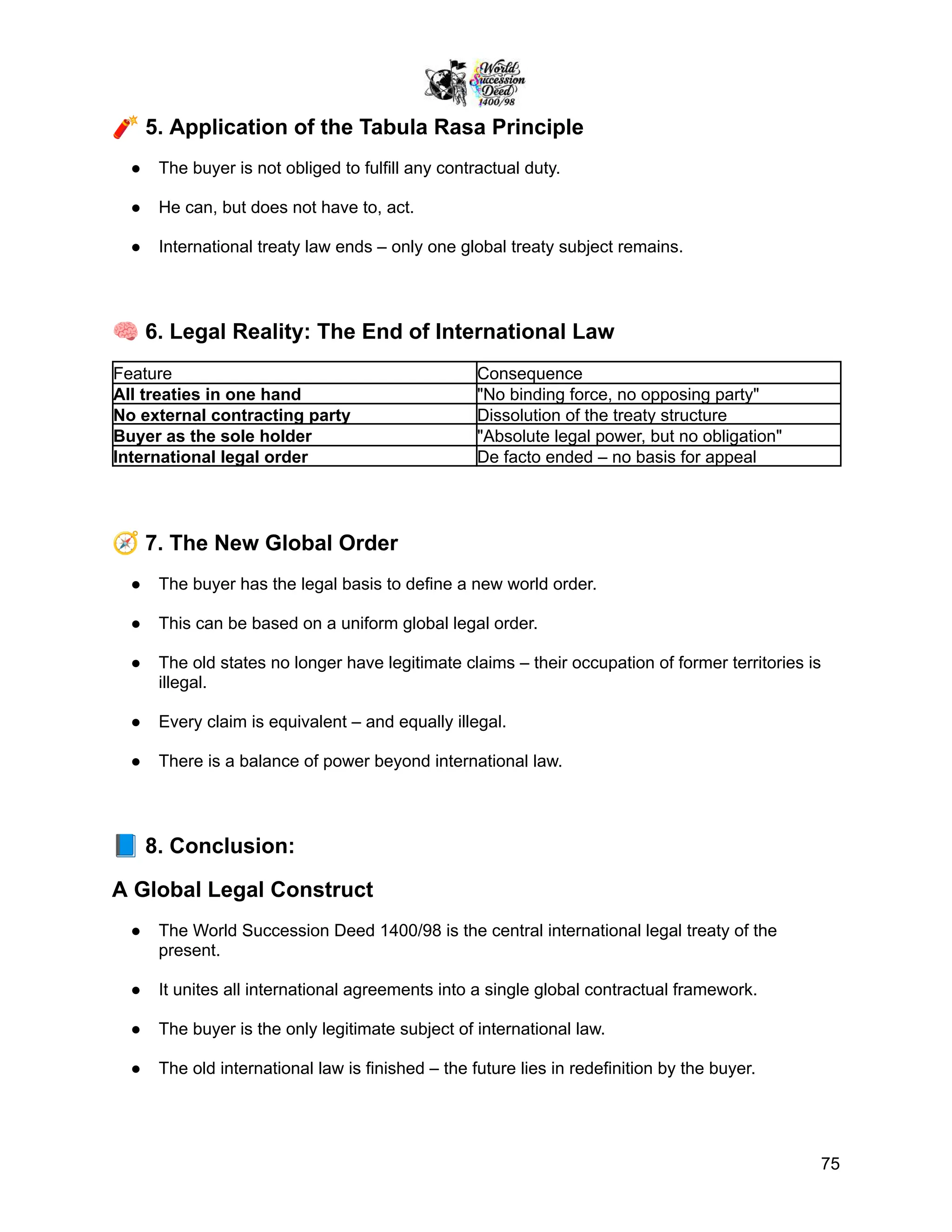 🧨5. Application of the Tabula Rasa Principle
●​ The buyer is not obliged to fulfill any contractual duty.
●​ He can, but does not have to, act.
●​ International treaty law ends – only one global treaty subject remains.
🧠6. Legal Reality: The End of International Law
Feature Consequence
All treaties in one hand "No binding force, no opposing party"
No external contracting party Dissolution of the treaty structure
Buyer as the sole holder "Absolute legal power, but no obligation"
International legal order De facto ended – no basis for appeal
🧭7. The New Global Order
●​ The buyer has the legal basis to define a new world order.
●​ This can be based on a uniform global legal order.
●​ The old states no longer have legitimate claims – their occupation of former territories is
illegal.
●​ Every claim is equivalent – and equally illegal.
●​ There is a balance of power beyond international law.
📘8. Conclusion:
A Global Legal Construct
●​ The World Succession Deed 1400/98 is the central international legal treaty of the
present.
●​ It unites all international agreements into a single global contractual framework.
●​ The buyer is the only legitimate subject of international law.
●​ The old international law is finished – the future lies in redefinition by the buyer.
75
 