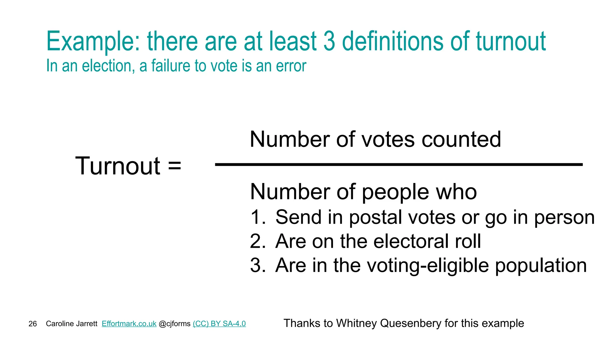 Caroline Jarrett Effortmark.co.uk @cjforms (CC) BY SA-4.0
26
Example: there are at least 3 definitions of turnout
In an election, a failure to vote is an error
Turnout =
Number of votes counted
Number of people who
1. Send in postal votes or go in person
2. Are on the electoral roll
3. Are in the voting-eligible population
Thanks to Whitney Quesenbery for this example
 