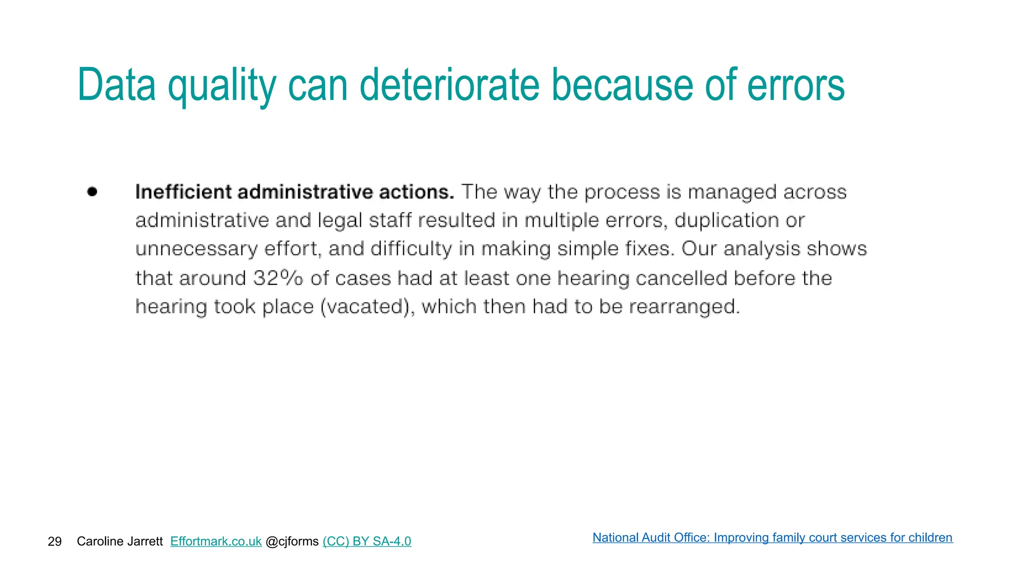 Caroline Jarrett Effortmark.co.uk @cjforms (CC) BY SA-4.0
29
Data quality can deteriorate because of errors
National Audit Office: Improving family court services for children
 