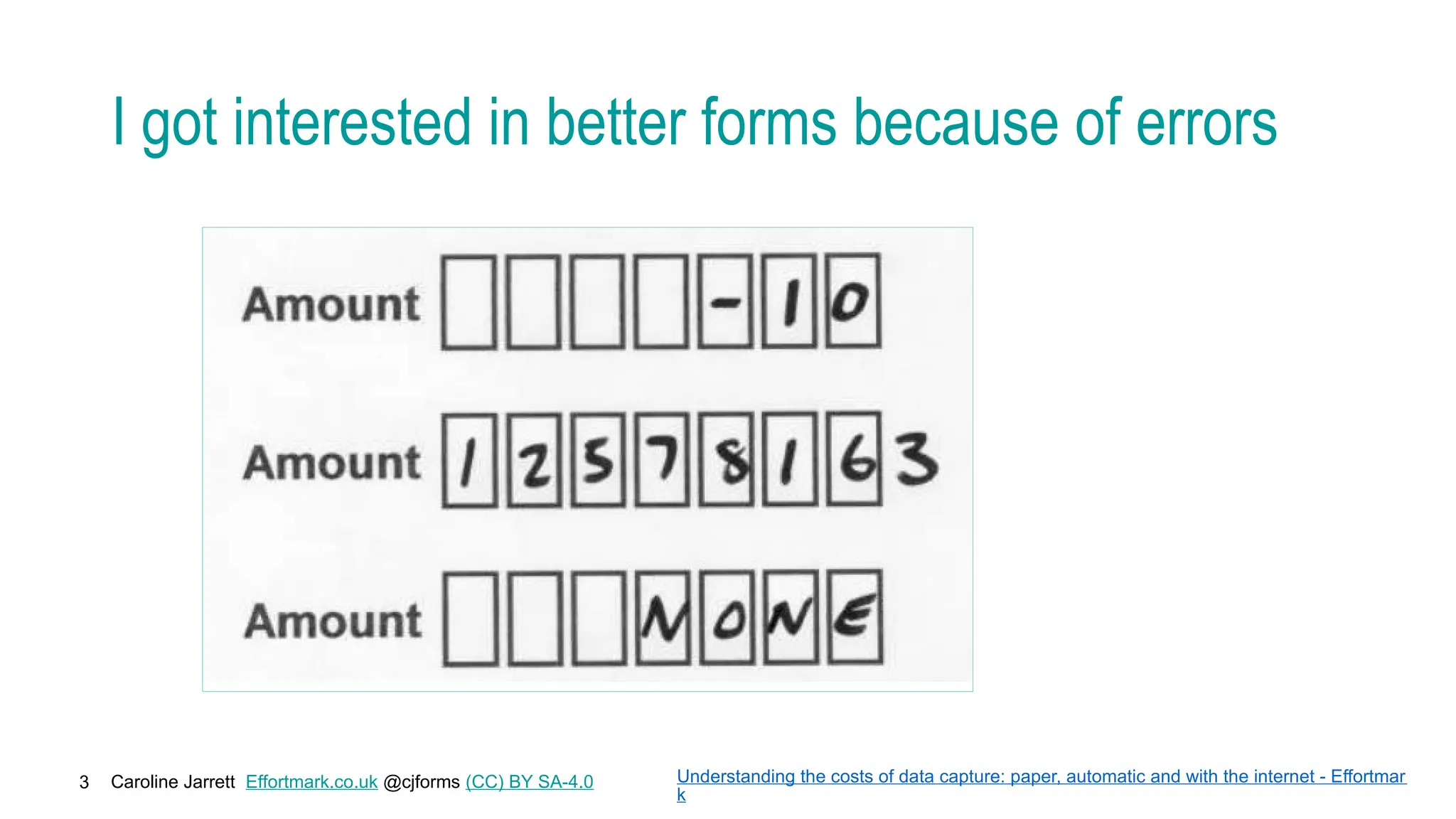 Caroline Jarrett Effortmark.co.uk @cjforms (CC) BY SA-4.0
3
I got interested in better forms because of errors
Understanding the costs of data capture: paper, automatic and with the internet - Effortmar
k
 