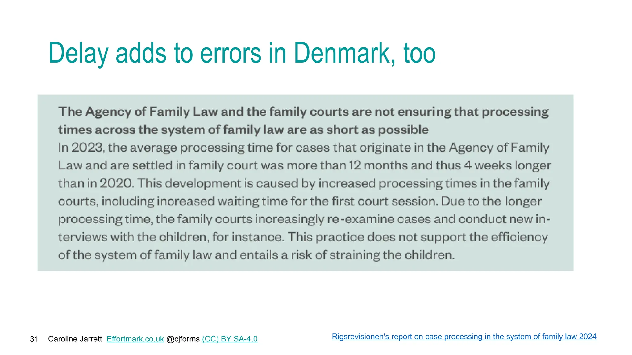 Caroline Jarrett Effortmark.co.uk @cjforms (CC) BY SA-4.0
31
Delay adds to errors in Denmark, too
Rigsrevisionen's report on case processing in the system of family law 2024
 