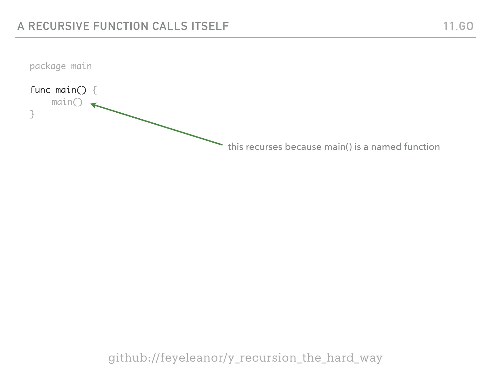A RECURSIVE FUNCTION CALLS ITSELF
package main
func main() {
main()
}
11.GO
github://feyeleanor/y_recursion_the_hard_way
this recurses because main() is a named function
 