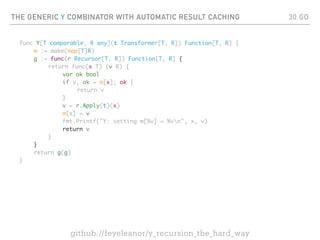 THE GENERIC Y COMBINATOR WITH AUTOMATIC RESULT CACHING
func Y[T comparable, R any](t Transformer[T, R]) Function[T, R] {
m := make(map[T]R)
g := func(r Recursor[T, R]) Function[T, R] {
return func(x T) (v R) {
var ok bool
if v, ok = m[x]; ok {
return v
}
v = r.Apply(t)(x)
m[x] = v
fmt.Printf("Y: setting m[%v] = %vn", x, v)
return v
}
}
return g(g)
}
30.GO
github://feyeleanor/y_recursion_the_hard_way
 