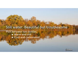Still water: Beautiful but troublesome
Pick between two bottles:
► Warm and still
► Cool and carbonated
 
