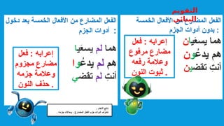 ‫دخول‬ ‫بعد‬ ‫الخمسة‬ ‫األفعال‬ ‫من‬ ‫المضارع‬ ‫الفعل‬
‫الجزم‬ ‫أدوات‬ :
‫هما‬
‫لم‬
‫ي‬َ
‫ع‬‫يس‬
‫ا‬
‫هم‬
‫لم‬
ُ
‫يدع‬
‫و‬
‫ا‬
‫و‬
ِ
‫أنت‬
‫لم‬
‫تقض‬
‫ي‬
‫الخمسة‬ ‫األفعال‬ ‫من‬ ‫المضارع‬ ‫الفعل‬
‫الجزم‬ ‫أدوات‬ ‫بدون‬ :
‫هما‬
‫ي‬َ
‫ع‬‫يس‬
‫ا‬
‫ن‬
‫هم‬
ُ
‫يدع‬
‫و‬
‫ن‬
‫تقض‬ ِ
‫أنت‬
‫ي‬
‫ن‬
‫فعل‬ : ‫إعرابه‬
‫مرفوع‬ ‫مضارع‬
‫رفعه‬ ‫وعالمة‬
‫النون‬ ‫ثبوت‬ .
‫فعل‬ : ‫إعرابه‬
‫مجزوم‬ ‫مضارع‬
‫جزمه‬ ‫وعالمة‬
‫النون‬ ‫حذف‬ .
: ‫التعلم‬ ‫ناتج‬
. ‫جزمه‬ ‫وحاالت‬ ، ‫المضارع‬ ‫الفعل‬ ‫جزم‬ ‫أدوات‬ ‫نتعرف‬
‫التقويم‬
‫البنائي‬
 