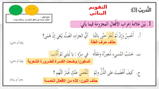 ‫العلة‬ ‫حرف‬ ‫حذف‬
‫الشعرية‬ ‫للضرورة‬ ‫الكسرة‬ ‫وضعت‬ /‫السكون‬
‫الخمسة‬ ‫األفعال‬ ‫من‬ ‫ألنه‬ ‫النون؛‬ ‫حذف‬
: ‫التعلم‬ ‫ناتج‬
. ‫جزمه‬ ‫وحاالت‬ ، ‫المضارع‬ ‫الفعل‬ ‫جزم‬ ‫أدوات‬ ‫نتعرف‬
‫التقويم‬
‫البنائي‬
 