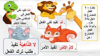 1 – ُ
‫م‬َ
‫ز‬ ْ
‫ج‬ُ
‫ي‬
ُ
‫ل‬‫ِع‬
‫ف‬‫ال‬
‫ذا‬ِ‫إ‬ ُ
‫ضارع‬ُ
‫م‬‫ال‬
ِ
‫ة‬‫أدا‬ِ
‫ب‬ َ
‫ق‬ِ
‫ب‬ ُ
‫س‬
. ٍ
‫م‬ْ
‫ز‬َ
‫ج‬
ِ
‫م‬ْ
‫ز‬َ
‫ج‬ ُ
‫َوات‬
‫د‬َ‫وأ‬
ِ
‫ِعل‬
‫ف‬‫ال‬
ِ
‫ع‬ِ
‫ضار‬ُ
‫م‬‫ال‬
َ
‫ي‬ِ
‫ه‬ :
ْ
‫م‬َ
‫ل‬
‫الفعل‬ ‫نفي‬ ‫تفيد‬ .
‫ا‬ّ
‫م‬‫ل‬
‫نفي‬ ‫تفيد‬
‫في‬ ‫الفعل‬
‫حتى‬ ‫الماضي‬
‫التكلم‬ ‫لحظة‬ .
ِ
‫ر‬ْ
‫األم‬ ُ
‫م‬‫ال‬
َ
‫األمر‬ ُ
‫د‬‫تفي‬ .
ُ
‫ة‬َ
‫ي‬ّ‫ِها‬
‫ن‬‫ال‬ ‫ال‬
ُ
‫د‬‫تفي‬
‫الفعل‬ ‫ترك‬ ‫طلب‬ .
 