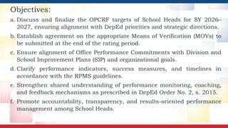 Objectives:
a. Discuss and finalize the OPCRF targets of School Heads for SY 2026–
2027, ensuring alignment with DepEd priorities and strategic directions.
b. Establish agreement on the appropriate Means of Verification (MOVs) to
be submitted at the end of the rating period.
c. Ensure alignment of Office Performance Commitments with Division and
School Improvement Plans (SIP) and organizational goals.
d. Clarify performance indicators, success measures, and timelines in
accordance with the RPMS guidelines.
e. Strengthen shared understanding of performance monitoring, coaching,
and feedback mechanisms as prescribed in DepEd Order No. 2, s. 2015.
f. Promote accountability, transparency, and results-oriented performance
management among School Heads.
 
