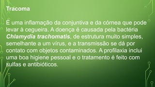 Tracoma
É uma inflamação da conjuntiva e da córnea que pode
levar à cegueira. A doença é causada pela bactéria
Chlamydia trachomatis, de estrutura muito simples,
semelhante a um vírus, e a transmissão se dá por
contato com objetos contaminados. A profilaxia inclui
uma boa higiene pessoal e o tratamento é feito com
sulfas e antibióticos.
 