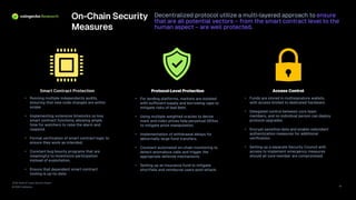 2026 State of Crypto Security Report
© 2026 CoinGecko
On-Chain Security
Measures
Decentralized protocol utilize a multi -layered approach to ensure
that are all potential vectors – from the smart contract level to the
human aspect – are well protected .
12
Smart Contract Protection
• Running multiple independents audits,
ensuring that new code changes are within
scope.
• Implementing extensive timelocks on key
smart contract functions, allowing ample
time for watchers to raise the alarm and
respond.
• Formal verification of smart contract logic to
ensure they work as intended.
• Constant bug bounty programs that are
meaningful to incentivize participation
instead of exploitation.
• Ensure that dependent smart contract
tooling is up -to-date.
Access Control
• Funds are stored in multisignature wallets,
with access limited to dedicated hardware.
• Delegated control between core team
members, and no individual person can deploy
protocol upgrades.
• Encrypt sensitive data and enable redundant
authentication measures for additional
verification.
• Setting up a separate Security Council with
access to implement emergency measures
should all core member are compromised.
Protocol -Level Protection
• For lending platforms, markets are isolated
with sufficient supply and borrowing caps to
mitigate risks of bad debt.
• Using multiple weighted oracles to derive
mark and index prices help perpetual DEXes
to mitigate price manipulation.
• Implementation of withdrawal delays for
abnormally large fund transfers.
• Constant automated on -chain monitoring to
detect anomalous calls and trigger the
appropriate defense mechanisms.
• Setting up an insurance fund to mitigate
shortfalls and reimburse users post -attack.
 