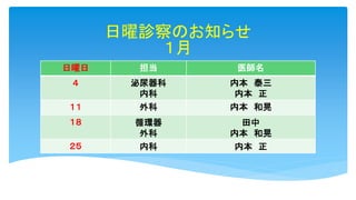 日曜診察のお知らせ
１月
日曜日 担当 医師名
４ 泌尿器科
内科
内本 泰三
内本 正
１１ 外科 内本 和晃
１８ 循環器
外科
田中
内本 和晃
２５ 内科 内本 正
 