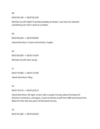 48
00:07:00.100 --> 00:07:05.249
Michele Carroll: Right? It would probably do better. I see that I've selected
something over here I want to unselect.
49
00:07:06.630 --> 00:07:08.809
Haluk Demirkan: I share and reshare, maybe.
50
00:07:09.500 --> 00:07:10.079
Michele Carroll: Here we go.
51
00:07:10.080 --> 00:07:10.700
Haluk Demirkan: Okay.
52
00:07:10.910 --> 00:07:25.019
Haluk Demirkan: All right, so let's talk a couple minutes about the board of
directors transitions, and again, I want to thanks to Jeff from IBM and Vanita from
Meta for their last two years of ISA board service,
53
00:07:25.280 --> 00:07:28.659
 