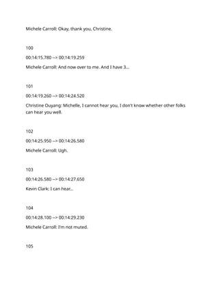 Michele Carroll: Okay, thank you, Christine.
100
00:14:15.780 --> 00:14:19.259
Michele Carroll: And now over to me. And I have 3…
101
00:14:19.260 --> 00:14:24.520
Christine Ouyang: Michelle, I cannot hear you, I don't know whether other folks
can hear you well.
102
00:14:25.950 --> 00:14:26.580
Michele Carroll: Ugh.
103
00:14:26.580 --> 00:14:27.650
Kevin Clark: I can hear…
104
00:14:28.100 --> 00:14:29.230
Michele Carroll: I'm not muted.
105
 