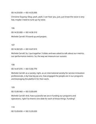 00:14:29.830 --> 00:14:35.000
Christine Ouyang: Okay, yeah, yeah, I can hear you, just, just know the voice is very
low, maybe I need to tune up my voice.
106
00:14:35.000 --> 00:14:38.310
Michele Carroll: I'll stand up and project.
107
00:14:38.520 --> 00:14:47.019
Michele Carroll: So, I put together 3 slides and was asked to talk about our metrics,
our performance metrics. So, the way we measure our success.
108
00:14:47.070 --> 00:15:00.779
Michele Carroll: as a society, right, as an international society for service innovation
professionals, is by how big we are, how engaged the people are in our programs
and leveraging the platform for their work.
109
00:15:00.960 --> 00:15:09.699
Michele Carroll: And, how successful we are in funding our programs and
operations, right? So there's one slide for each of those things. Funding?
110
00:15:09.830 --> 00:15:20.020
 