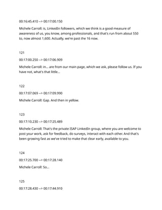 00:16:45.410 --> 00:17:00.150
Michele Carroll: is, LinkedIn followers, which we think is a good measure of
awareness of us, you know, among professionals, and that's run from about 550
to, now almost 1,600. Actually, we're past the 16 now.
121
00:17:00.250 --> 00:17:06.909
Michele Carroll: in… are from our main page, which we ask, please follow us. If you
have not, what's that little…
122
00:17:07.069 --> 00:17:09.990
Michele Carroll: Gap. And then in yellow.
123
00:17:10.230 --> 00:17:25.489
Michele Carroll: That's the private ISAP LinkedIn group, where you are welcome to
post your work, ask for feedback, do surveys, interact with each other. And that's
been growing fast as we've tried to make that clear early, available to you.
124
00:17:25.700 --> 00:17:28.140
Michele Carroll: So…
125
00:17:28.430 --> 00:17:44.910
 