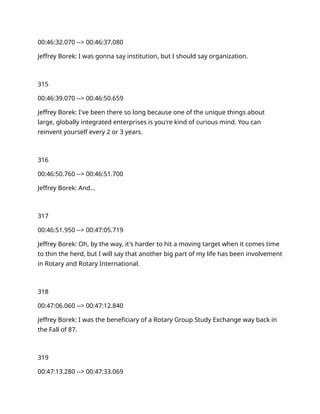 00:46:32.070 --> 00:46:37.080
Jeffrey Borek: I was gonna say institution, but I should say organization.
315
00:46:39.070 --> 00:46:50.659
Jeffrey Borek: I've been there so long because one of the unique things about
large, globally integrated enterprises is you're kind of curious mind. You can
reinvent yourself every 2 or 3 years.
316
00:46:50.760 --> 00:46:51.700
Jeffrey Borek: And…
317
00:46:51.950 --> 00:47:05.719
Jeffrey Borek: Oh, by the way, it's harder to hit a moving target when it comes time
to thin the herd, but I will say that another big part of my life has been involvement
in Rotary and Rotary International.
318
00:47:06.060 --> 00:47:12.840
Jeffrey Borek: I was the beneficiary of a Rotary Group Study Exchange way back in
the Fall of 87.
319
00:47:13.280 --> 00:47:33.069
 