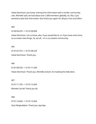 Haluk Demirkan: you know, sharing this information with a similar community.
Like, Michelle said, we had about over 2,000 members globally. So, like, I just
wanted to plot that information. But thank you again for all your time and effort.
404
01:00:58.470 --> 01:01:06.890
Haluk Demirkan: Let us know, also, if you would like to, or if you have some time,
to co-create new things. So, we all… it's a co-creation community.
405
01:01:07.410 --> 01:01:08.229
Haluk Demirkan: Thank you.
406
01:01:08.530 --> 01:01:11.430
Haluk Demirkan: Thank you, Michelle and Jim, for leading the slide deck.
407
01:01:11.720 --> 01:01:12.660
Michele Carroll: Thank you all.
408
01:01:12.660 --> 01:01:13.669
Yassi Moghaddam: Thank you, bye-bye.
 
