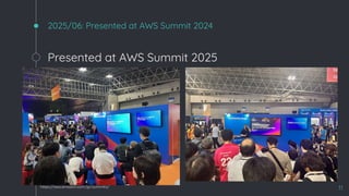 2025/06: Presented at AWS Summit 2024
11
https://aws.amazon.com/jp/summits/
Presented at AWS Summit 2025
 