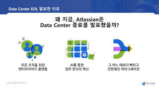 오픈소
스컨설팅회사소
개서 | 5
Data Center EOL 발표한 이유
왜 지금, Atlassian은
Data Center 종료를 발표했을까?
모든 조직을 위한
엔터프라이즈 플랫폼
AI를 통한
업무 방식의 혁신
그 어느 때보다 빠르고
간편해진 마이그레이션
 